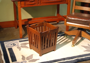 EARLY STICKLEY BROTHERS WASTE BASKET WITH CUT OUT DESIGNS IN ORIGINAL FINISH.